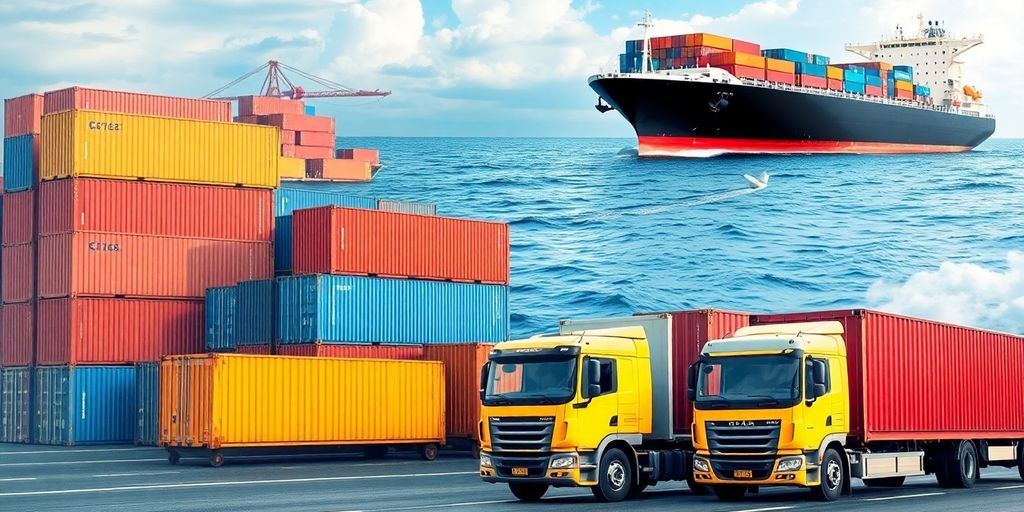 Shipping containers and trucks illustrating traditional shipping methods.