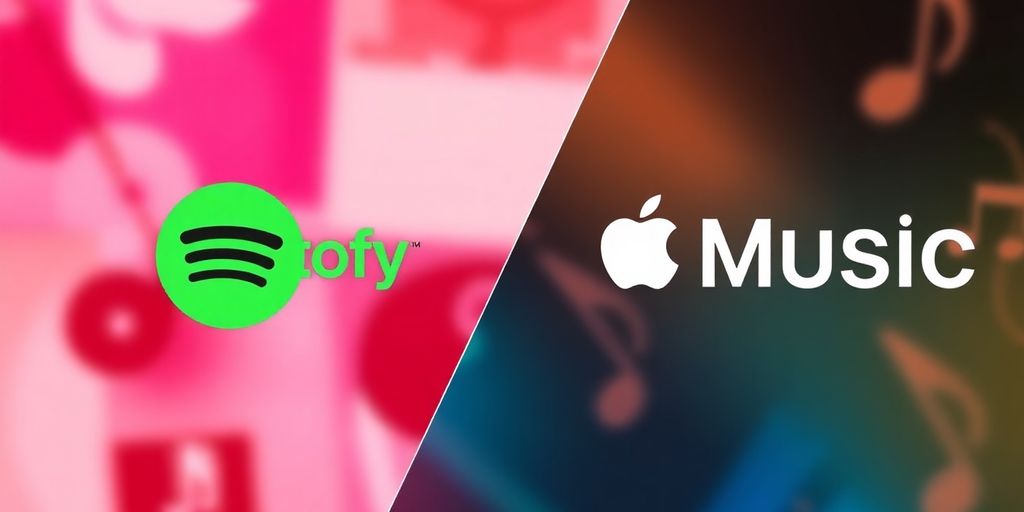 Logos of Spotify and Apple Music on a vibrant background.