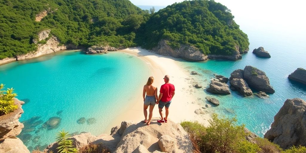 Secluded beach with clear water and lush greenery.