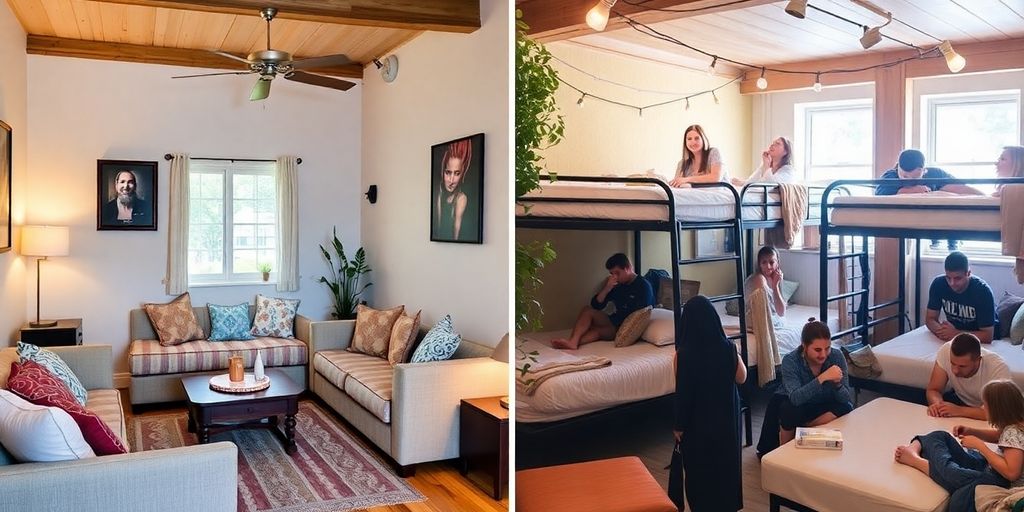 Cozy vacation rental and lively hostel atmosphere.
