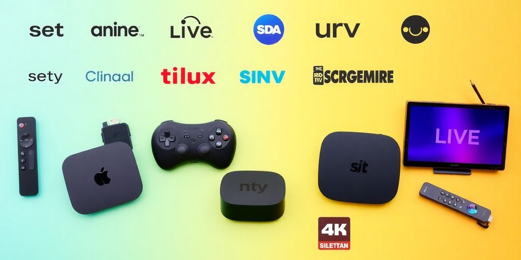 Colorful streaming devices and service logos on display.