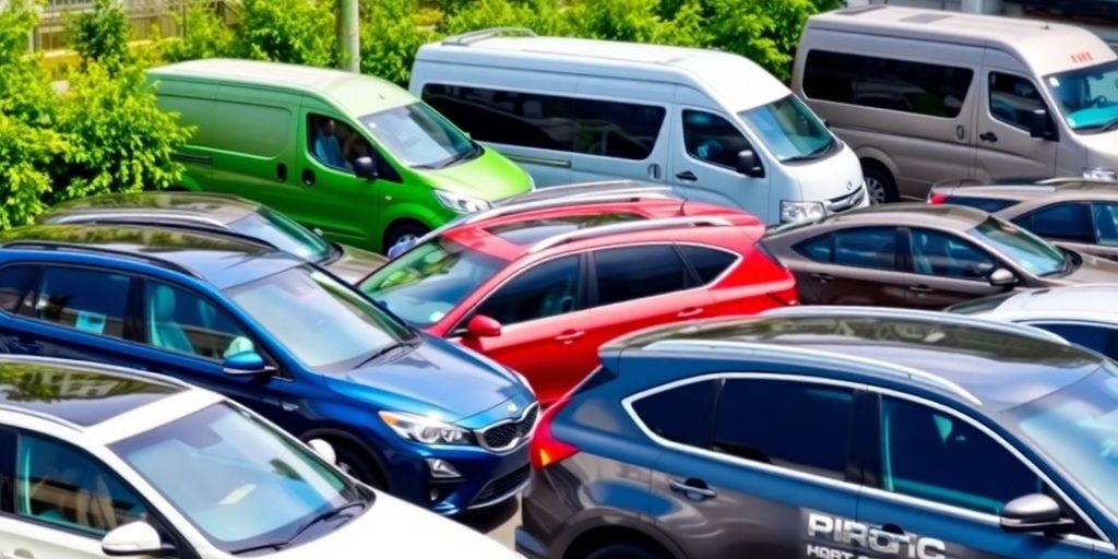 Diverse rental cars in an urban setting with greenery.