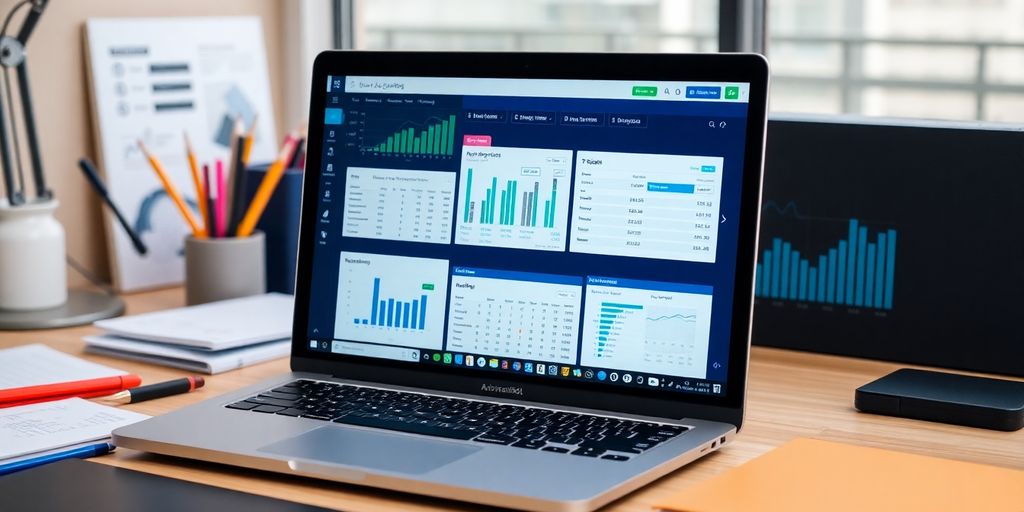 Laptop with accounting software on a wooden desk.