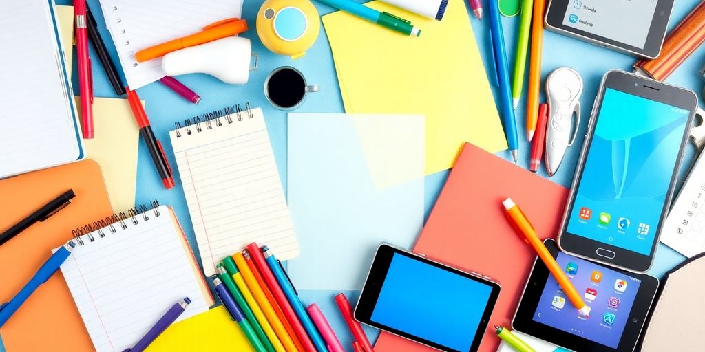 Colorful notepads and devices for note-taking apps.