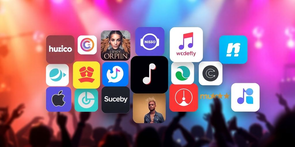 Collage of music streaming platform logos and artist images.