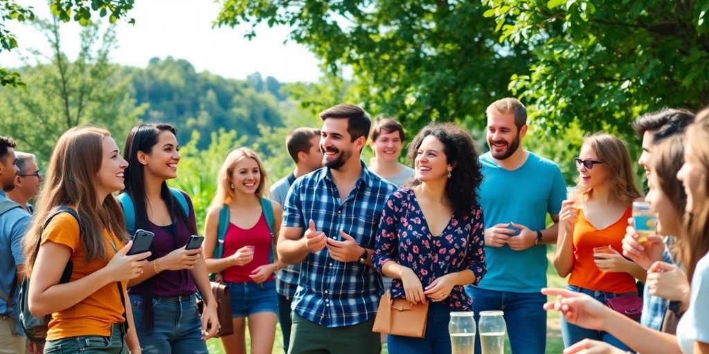 Groups of people socializing outdoors, enjoying real-life connections.