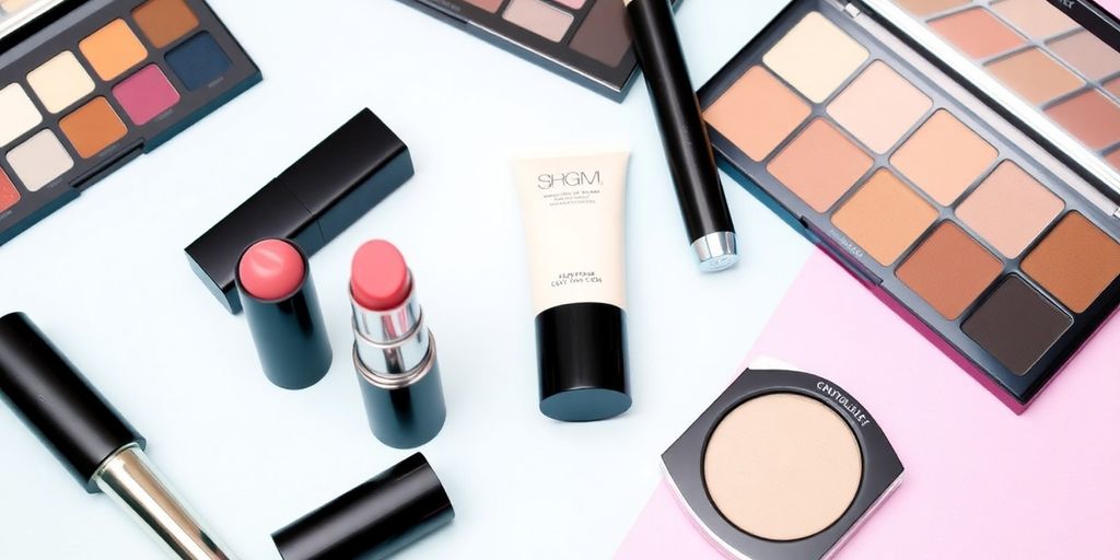 Colorful array of affordable makeup products on display.