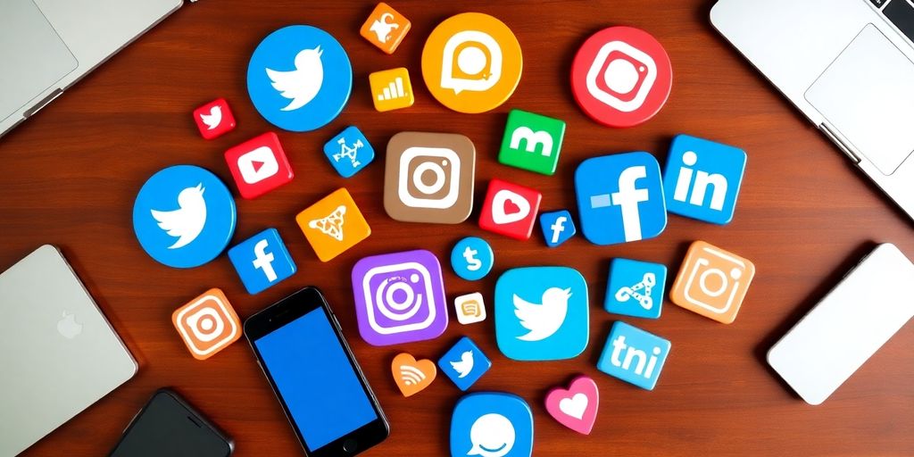 Flat lay of social media icons and devices on a desk.