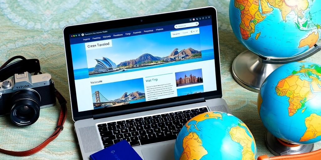 Laptop and travel essentials for online trip planning.
