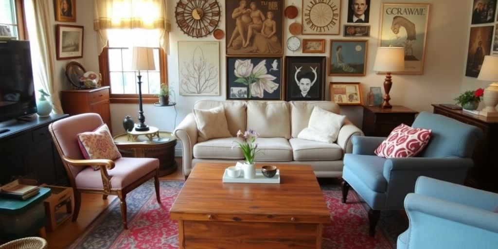Cozy living room with secondhand and DIY furniture options.