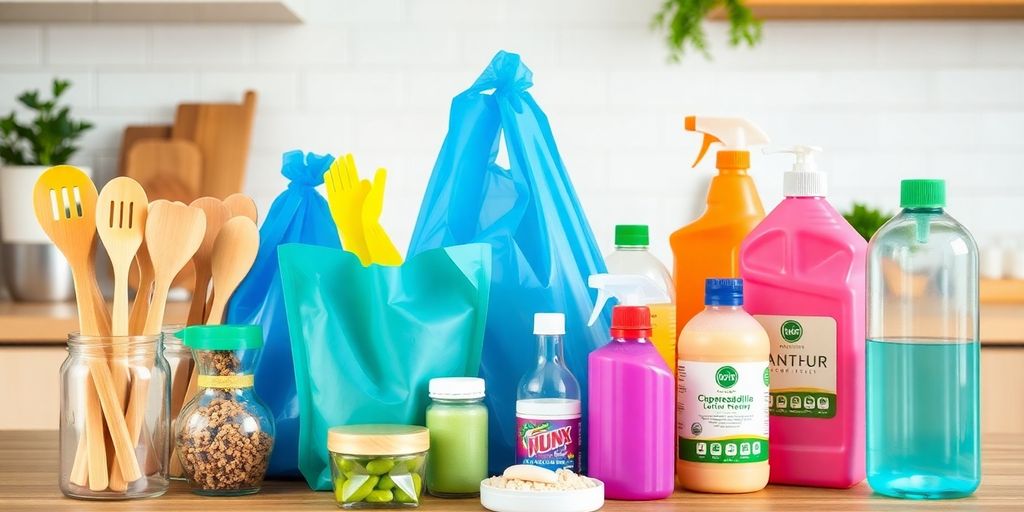Eco-friendly household items on a wooden countertop.