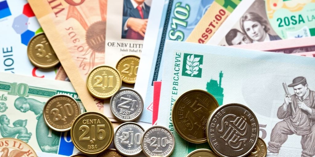 Colorful international banknotes and coins arranged artistically.