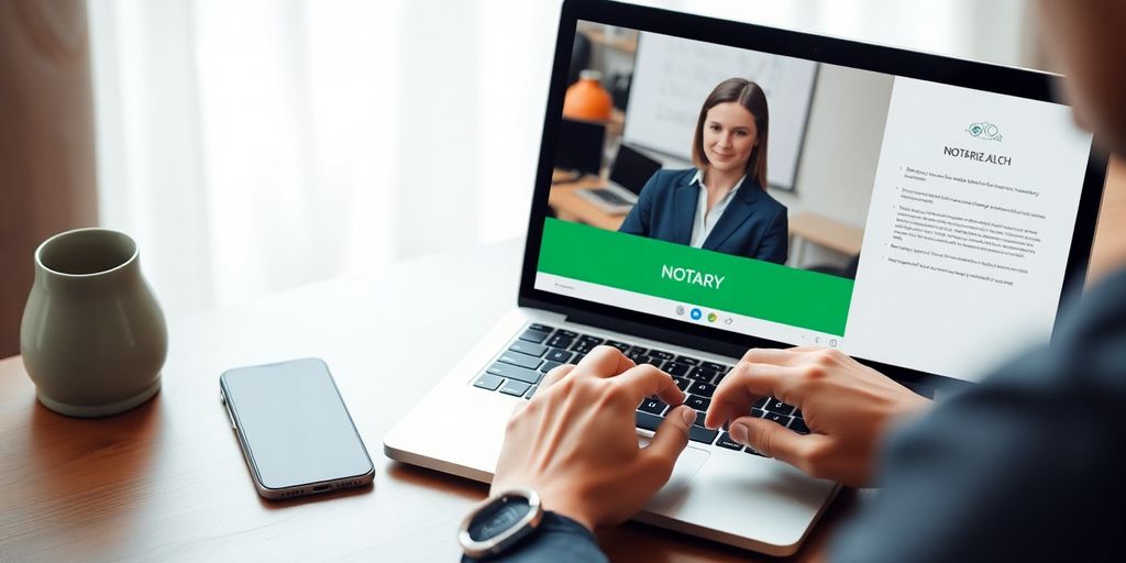 Person conducting an online notarization with a laptop.