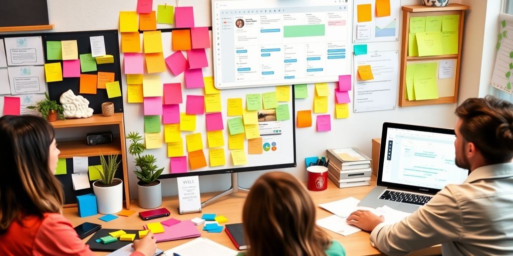Diverse project management tools and teamwork in a workspace.