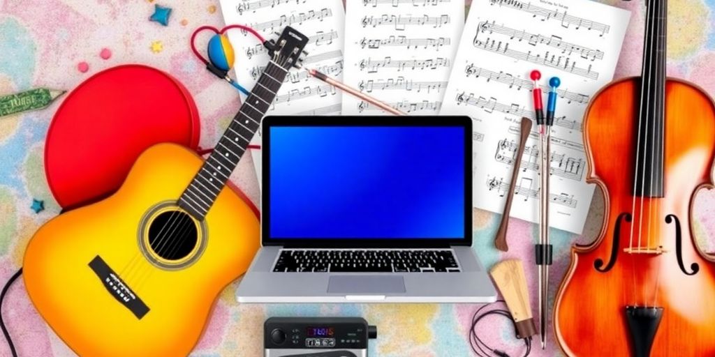 Collage of musical instruments and digital learning tools.