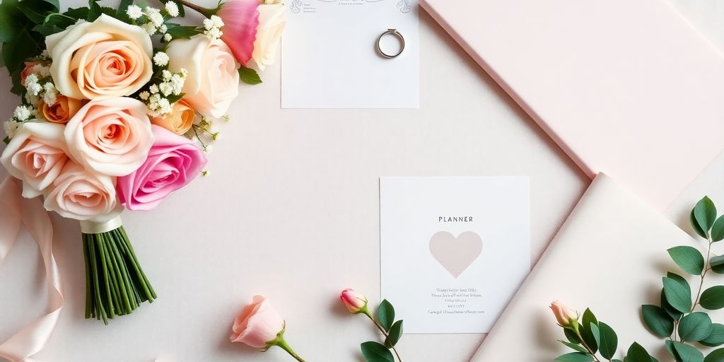 Flat lay of wedding planning tools and floral arrangements.
