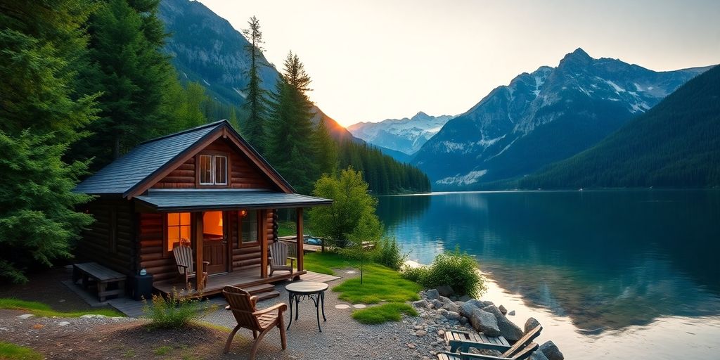Cozy cabin by a lake with mountains in background.