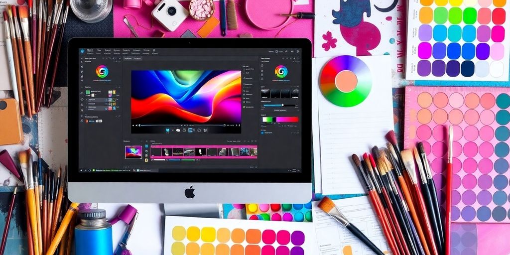 Collage of graphic design tools and creative workspace.