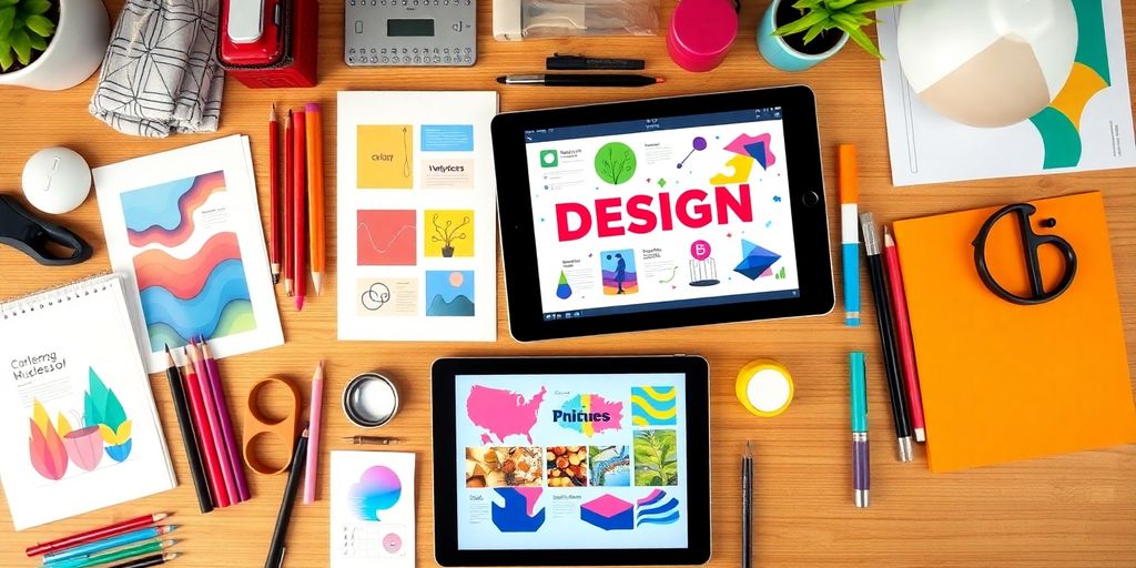 A variety of design tools on a creative workspace.