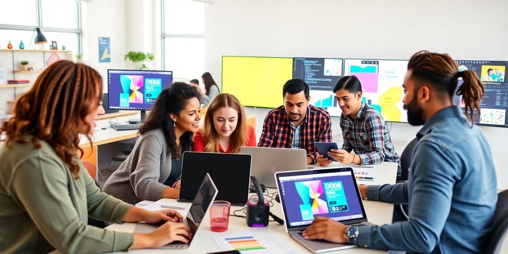 Team collaborating on design projects in a bright workspace.