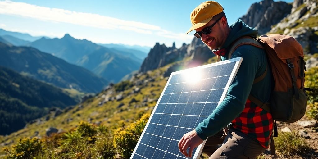 Hiker installing solar panel on a scenic mountain trail.