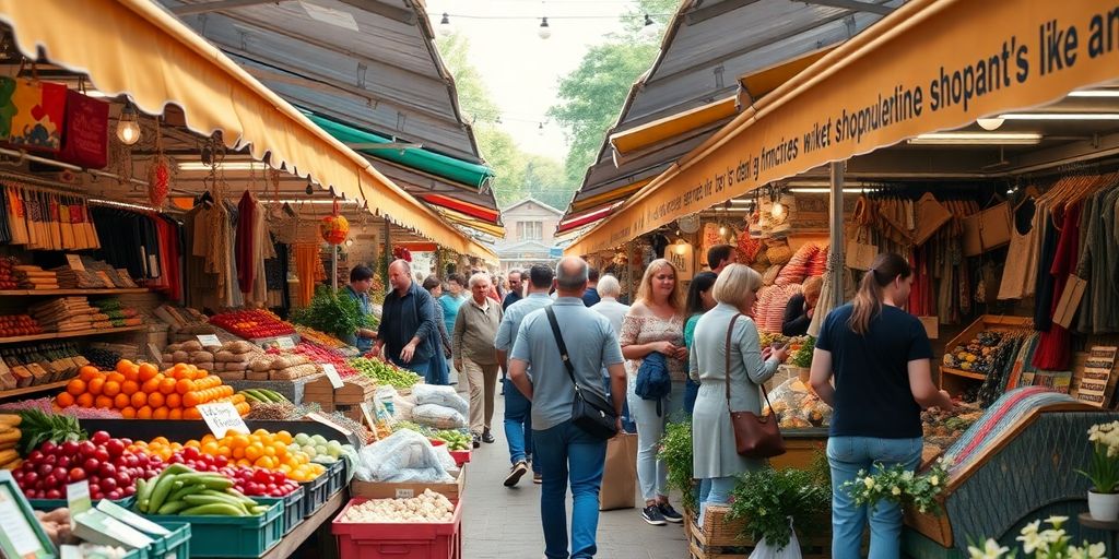 Local market with vendors and shoppers supporting ethical products.