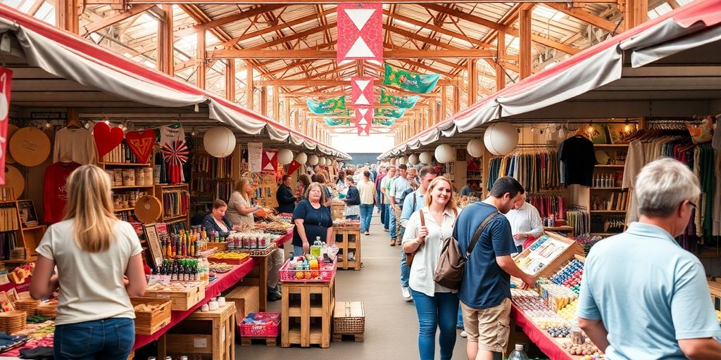 Colorful marketplace with small vendor stalls and shoppers.
