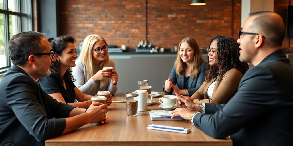 Professionals networking and collaborating in a relaxed environment.