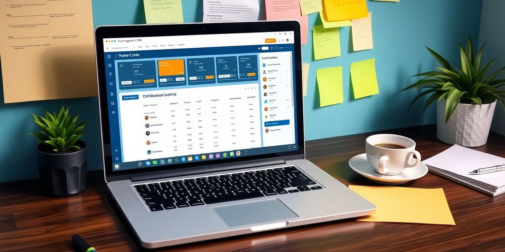 Open laptop displaying CRM dashboard on a desk.