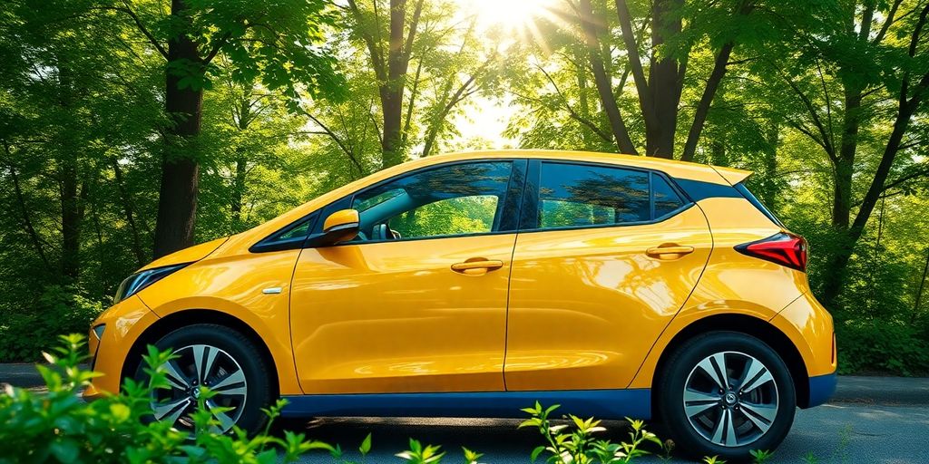 Electric car in a green landscape with trees and sunlight.