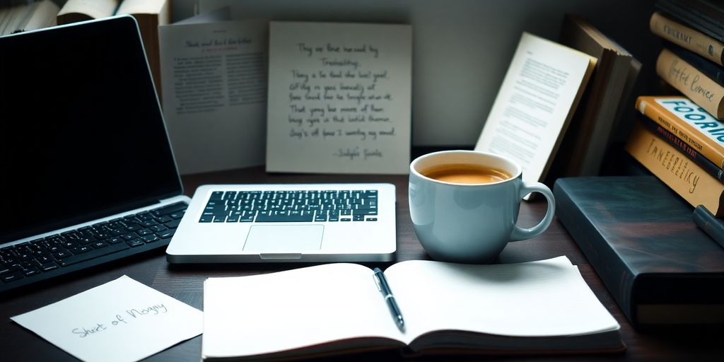 Cozy writing space with laptop, notepad, and coffee.