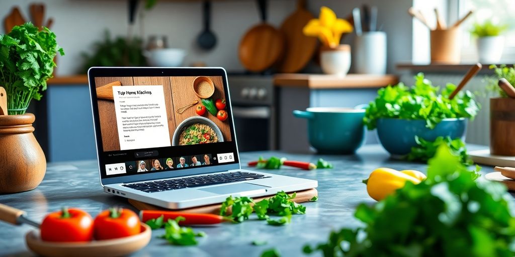 Laptop with cooking tutorial and fresh ingredients in kitchen.