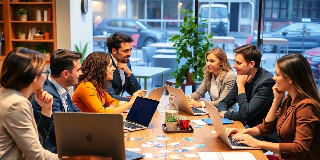 Diverse professionals networking at a café with laptops.