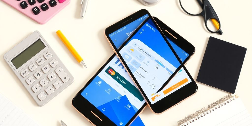 Smartphone with banking app and financial tools around it.