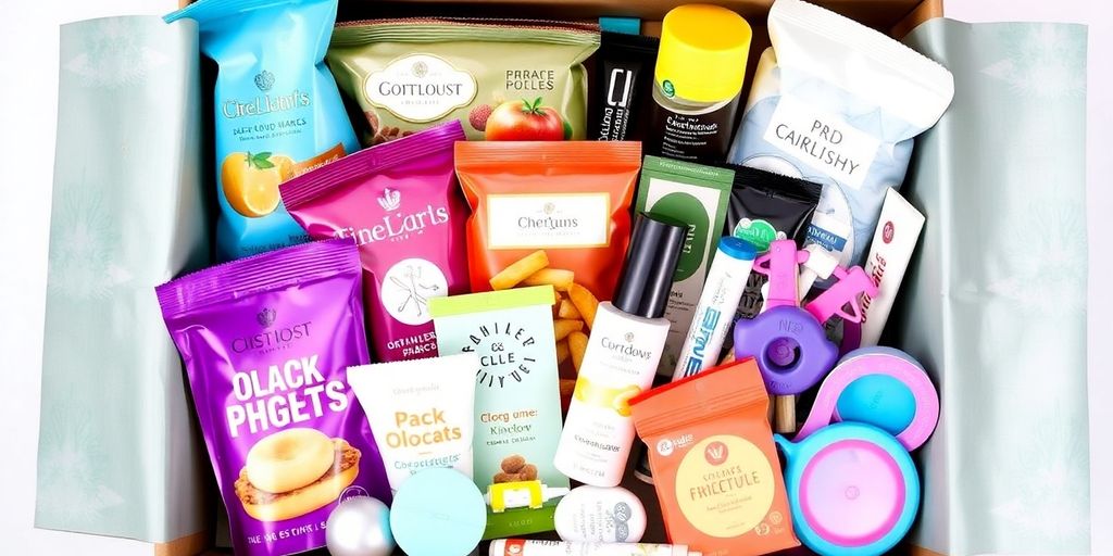 Colorful curated goods in a box without subscription commitment.