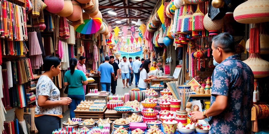 Colorful local market with handmade crafts and artisans.