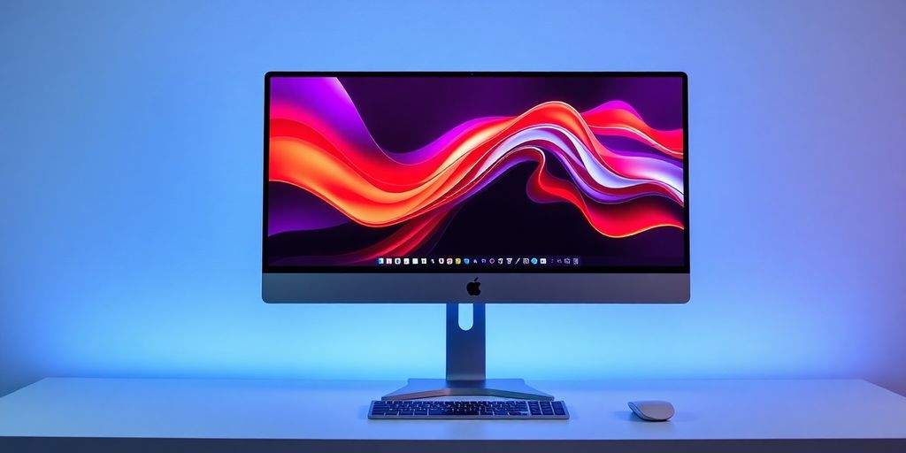 Modern computer monitor on a minimalist desk setup.