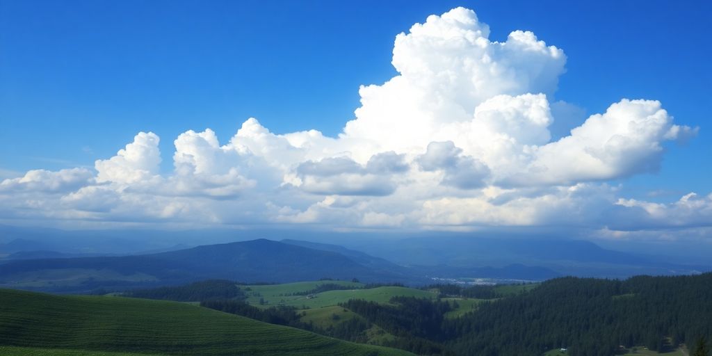 A peaceful valley with clouds in the sky.