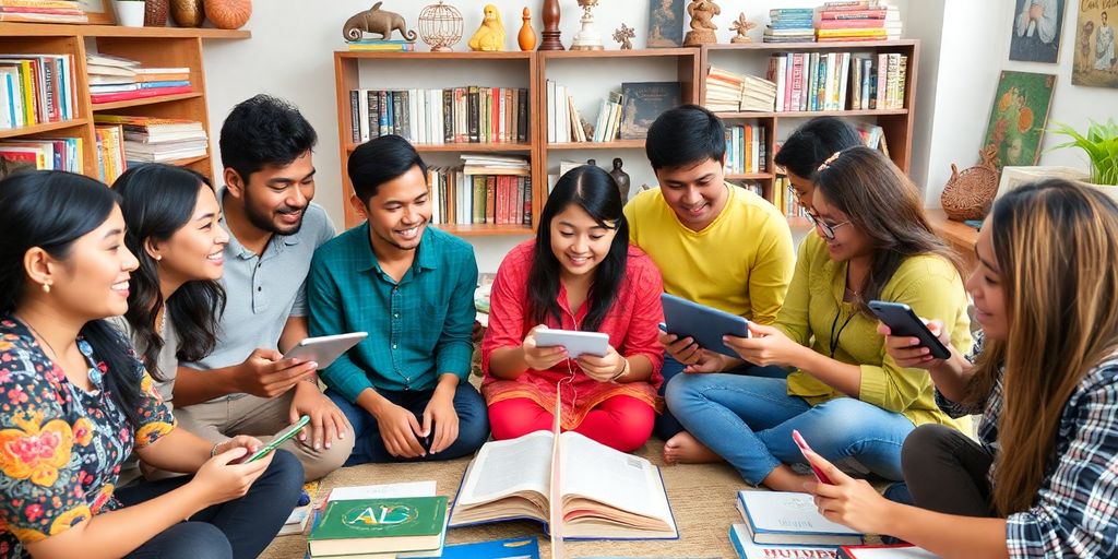 Diverse people engaged in immersive language learning experience.