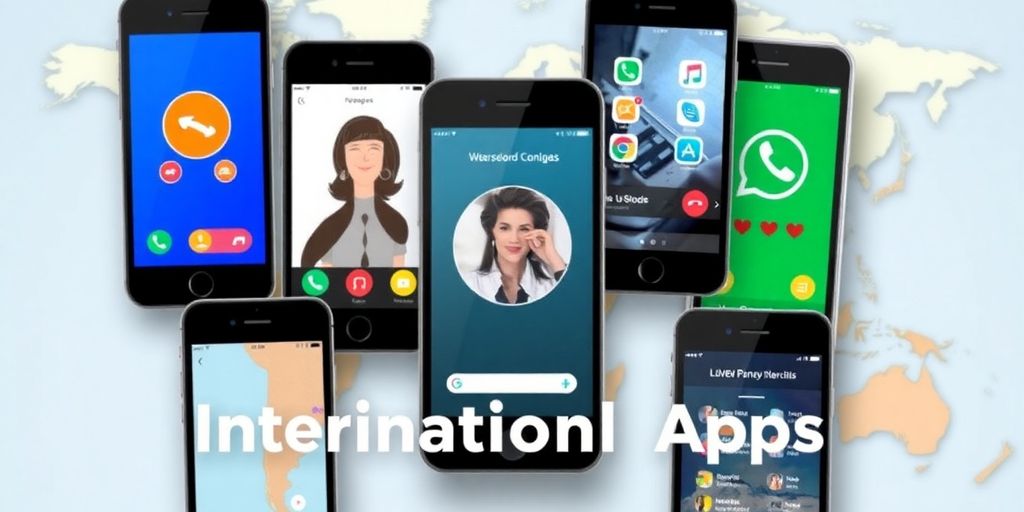 Smartphones with international calling apps and a world map.