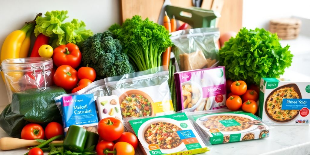 Fresh ingredients and meal kits on a kitchen countertop.
