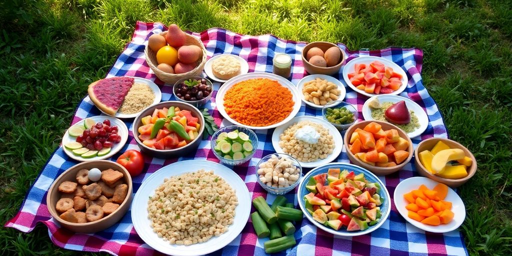 Colorful picnic spread with homemade dishes and fresh fruits.