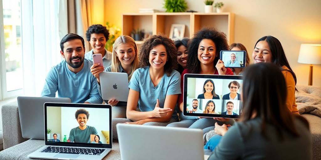 Diverse group video chatting on laptops and phones.