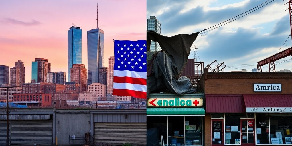 Contrast of prosperity and hardship in America.