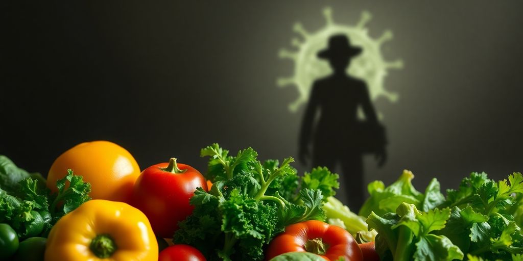 Fresh vegetables with a shadowy cancer cell in background.
