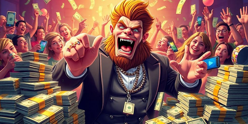 Mr. Beast with cash and fans, highlighting his wealth.