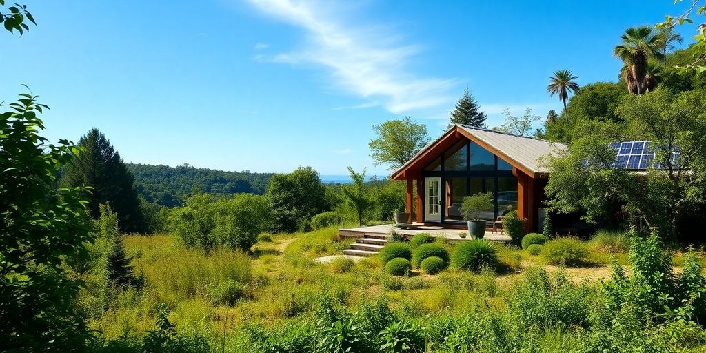 Off-grid home in a lush, green landscape with solar panels.