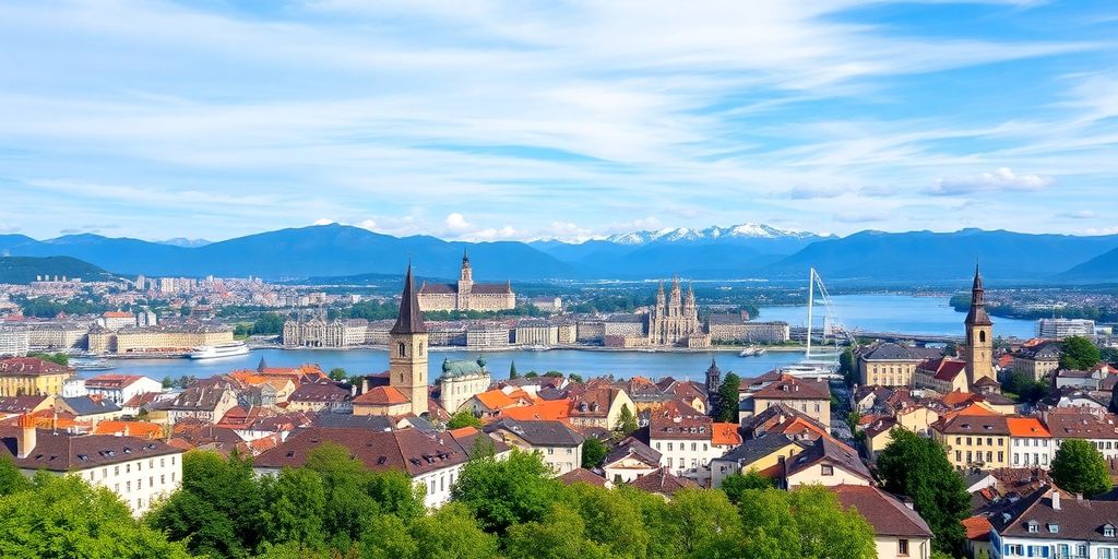 Zurich skyline with lake and mountains in the background.