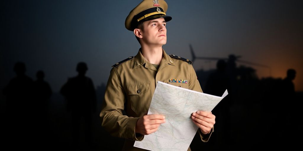 Military officer with map, soldiers and vehicles in background.