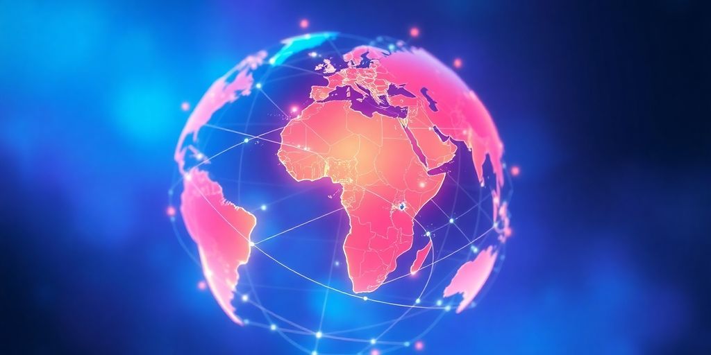 Spinning globe with glowing lines connecting various countries.